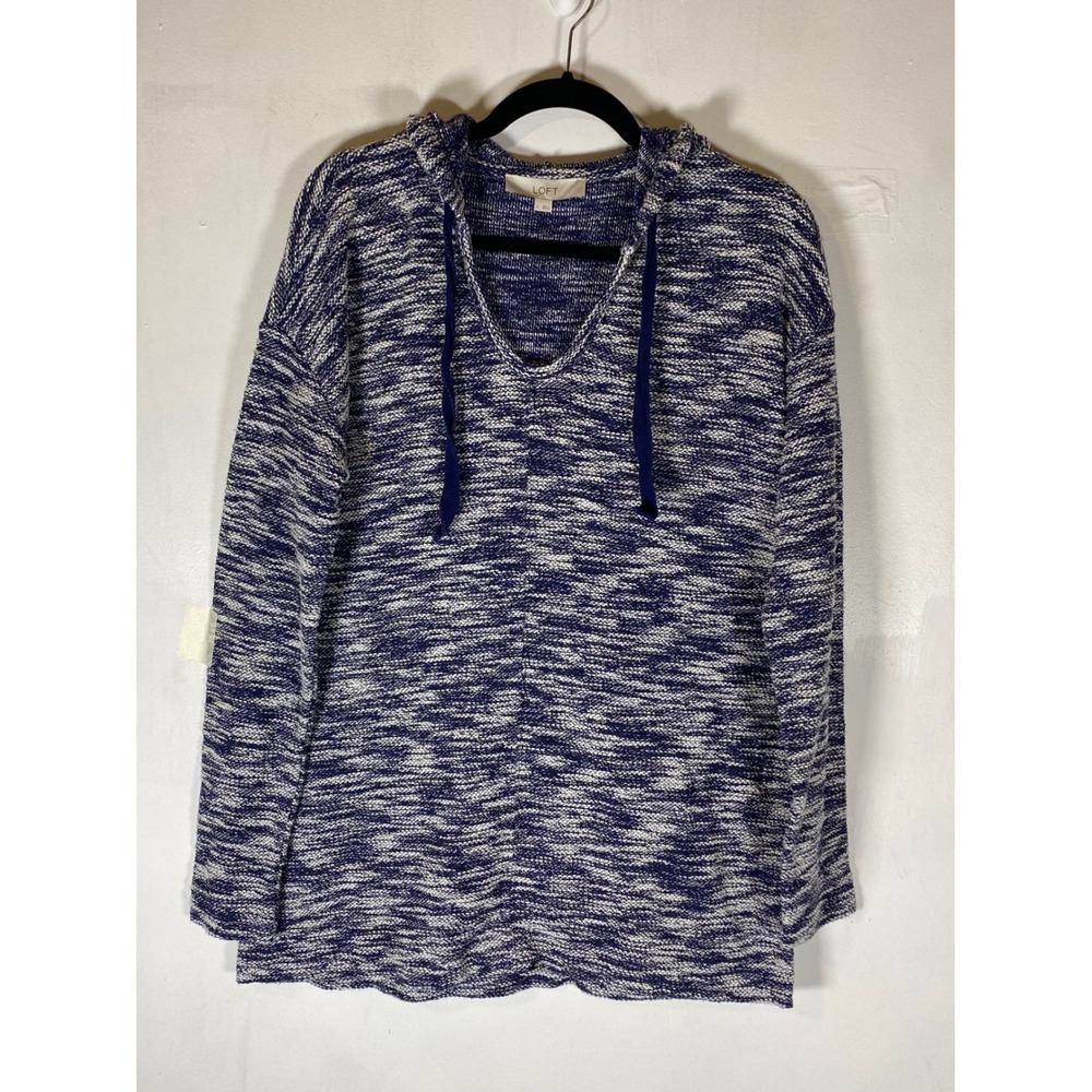 LOFT Blue Marled Hooded Knit Pullover Sweater Tunic Large Cozy Casual Cotton